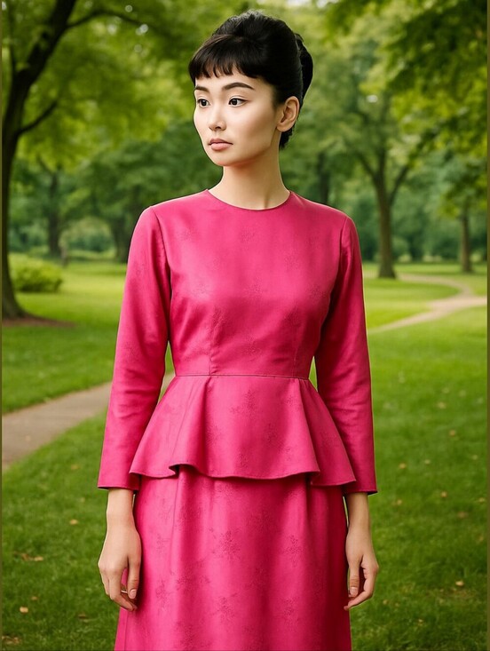 Artisan Dresses & Skirts - Vintage Pink Peplum Long-Sleeve Midi Dress Satin Floral 80s Barbie Girl OOAK 10